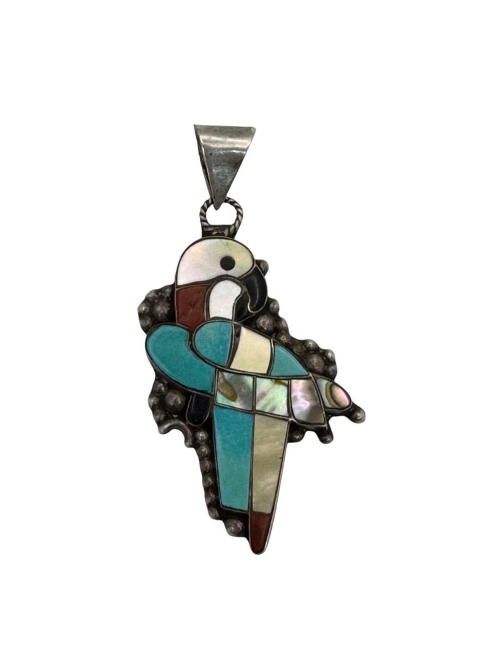 Vintage Zuni Sterling Silver Parrot Pendant Turquoise Coral Abalone Inlay 1.5"